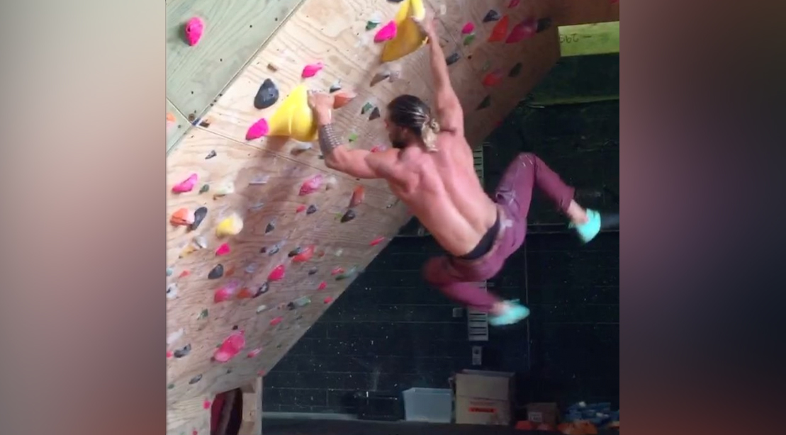 Jason Momoa Conquers Rockclimbing Wall, Then Destroys Chair Muscle