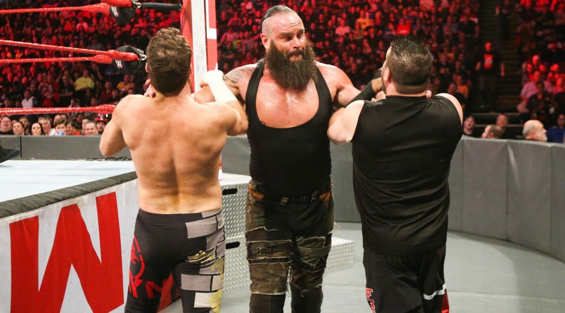 Braun Strowman takes on Kevin Owens and Sami Zayn on WWE Monday Night RAW. Braun Strowman takes on Kevin Owens and Sami Zayn on WWE Monday Night RAW.