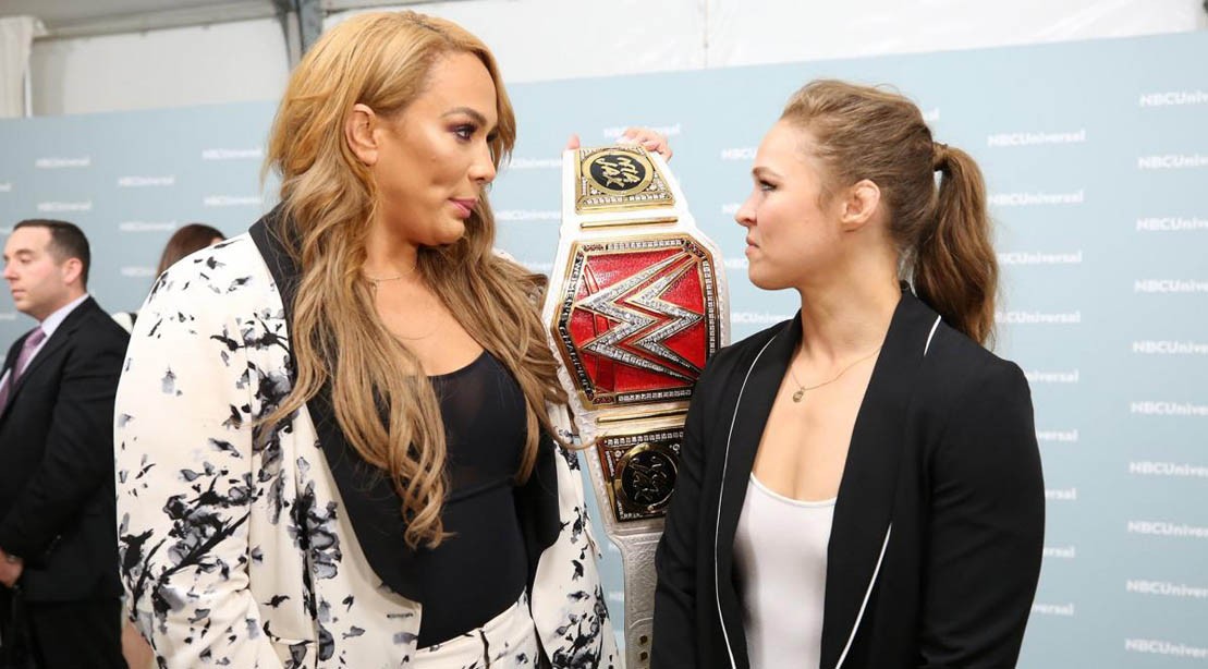 Nia Jax confronts Ronda Rousey at the NBC upfronts in May 2018 Nia Jax confronts Ronda Rousey at the NBC upfronts in May 2018