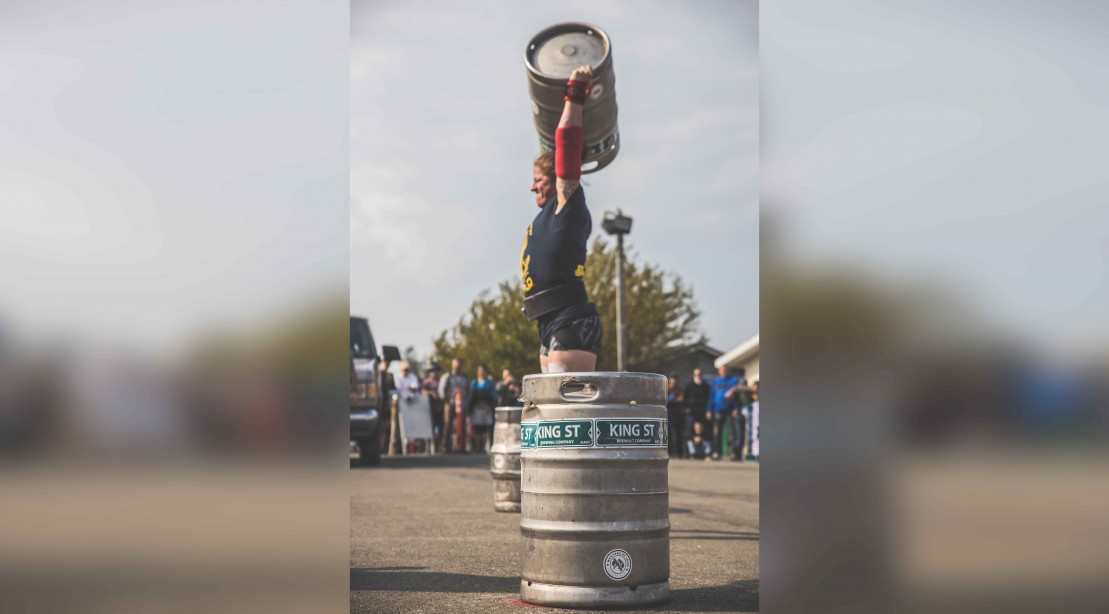 Danielle Vaji presses a keg at the Strongest Women in the World competition Danielle Vaji presses a keg at the Strongest Women in the World competition