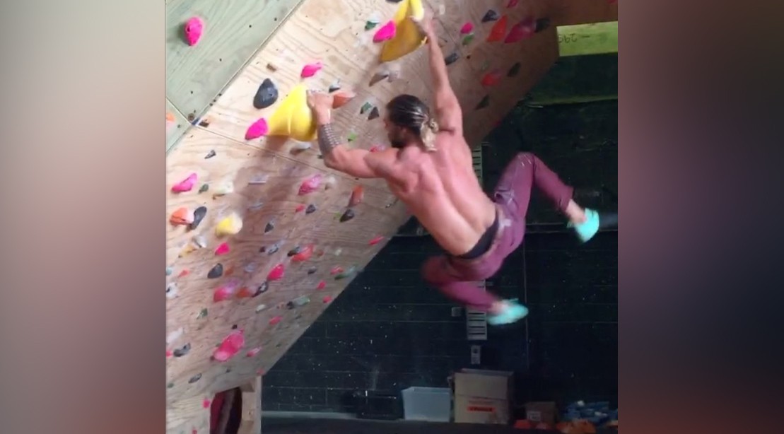 Jason Momoa Conquers Rock Climbing Wall Then Destroys Chair