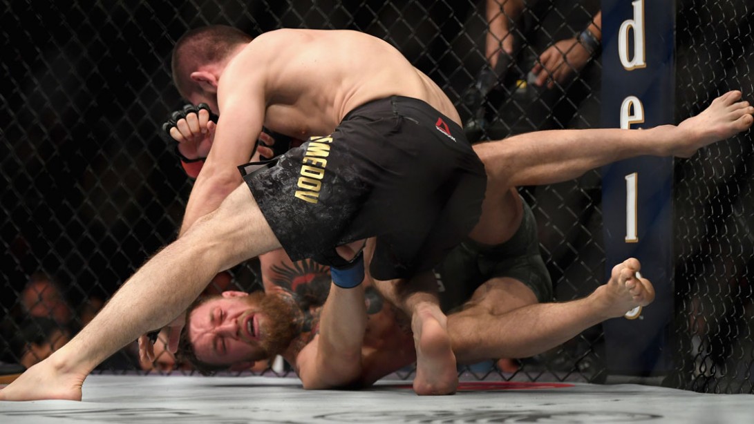 Khabib Nurmagomedov of Russia (top) punches Conor McGregor of Ireland in their UFC lightweight championship bout during UFC 229.