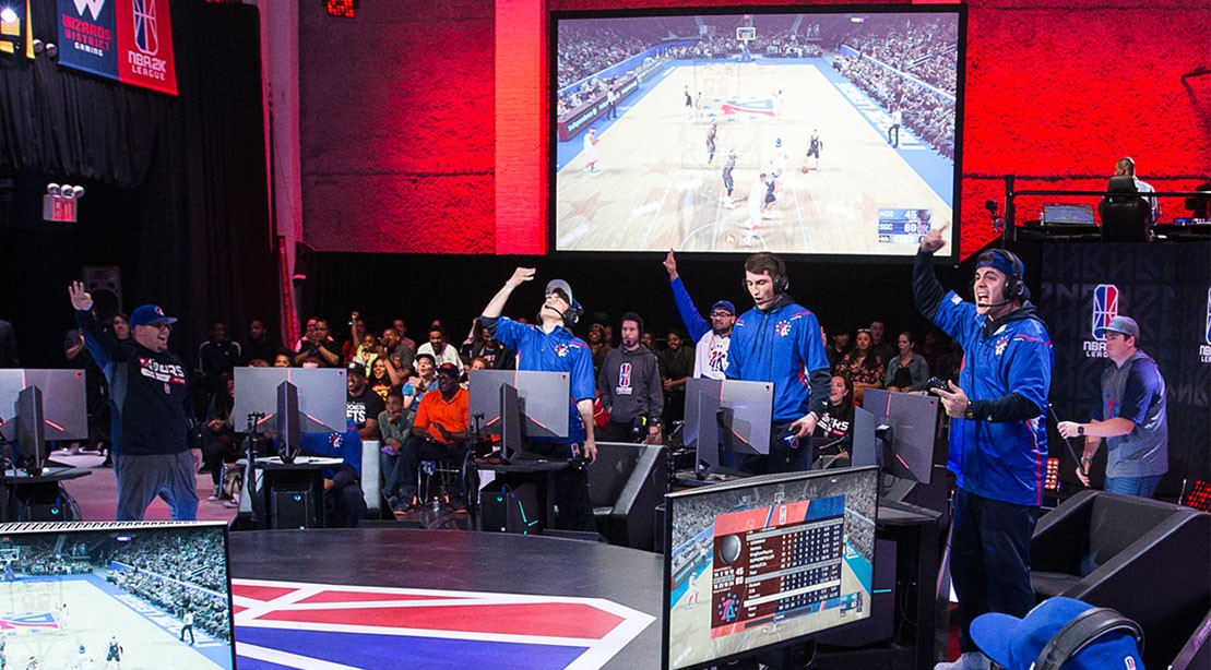 Newdini33, I F E A S T, and Steez of 76ers Gaming Club reacts during game against Magic Gaming on JUNE 22, 2018 at the NBA 2K League Studio Powered by Intel in Long Island City, New York. Newdini33, I F E A S T, and Steez of 76ers Gaming Club reacts during game against Magic Gaming on JUNE 22, 2018 at the NBA 2K League Studio Powered by Intel in Long Island City, New York.